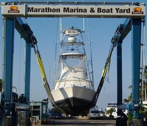 Boat on a Lift at the Marina - Safe Harbor Marathon Marina & Boatyard - Marathon, Florida - Marinalife